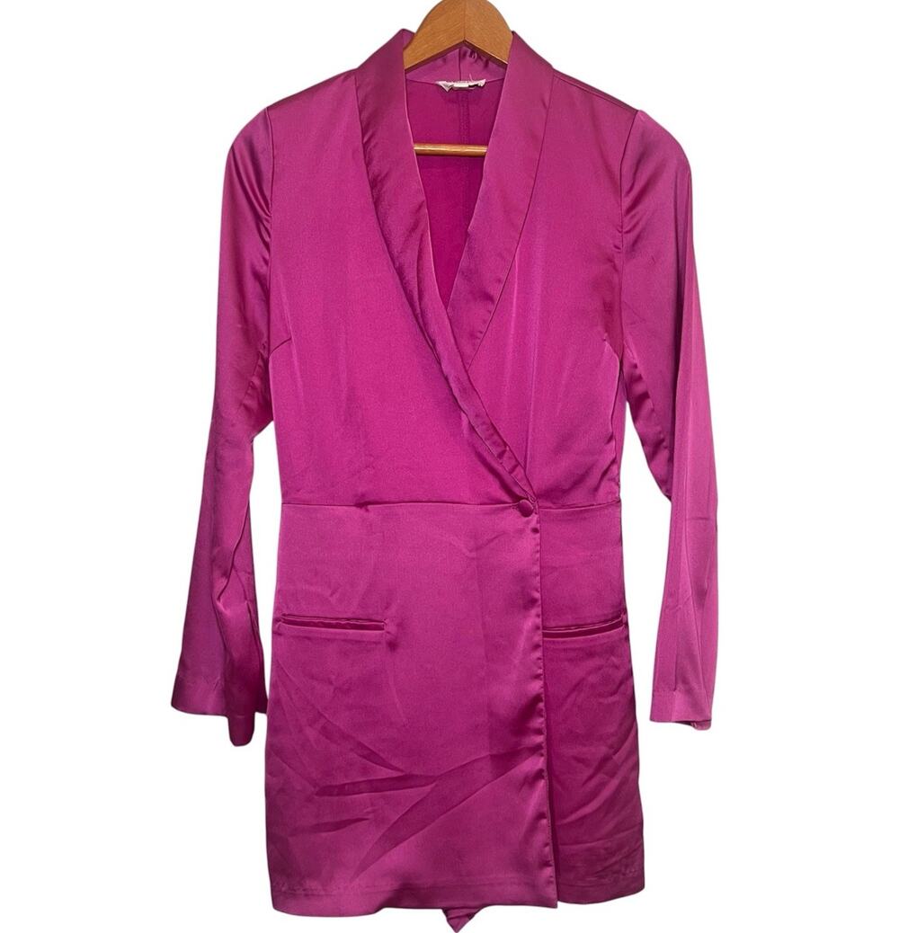 &Merci Blazer Romper Size S / 2”Magenta Pink Satin Long Sleeve Party Cocktail